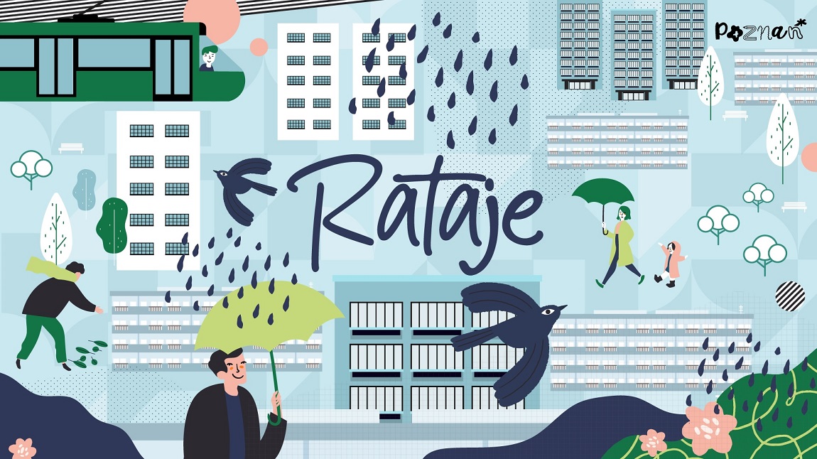 Identyfikacja graficzna Osiedla Rataje w ramach projektu "Fyrtle" - na grafice bloki, tramwaj, drzewa i niska roślinność, spacerujący ludzie, niektórzy z parasolami, miejscowe opady deszczu - grafika artykułu