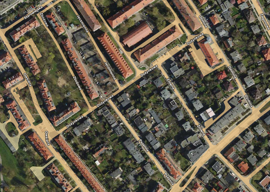 Mapa geodezyjna z zaznaczoną ulicą Dożynkową i sąsiednimi ulicami - grafika artykułu
