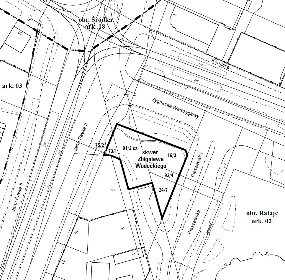 Czarno biała mapa geodezyjna z fragmentem miasta, zaznaczonymi ulicami i skwerami - grafika artykułu