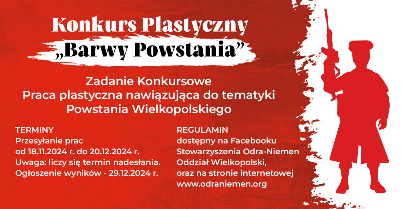 Plakat utrzymany w czerwono-białej kolorystyce. Na czerwonym tle białe napisy informujące o konkursie, na białym tle figura powstańca. - grafika artykułu