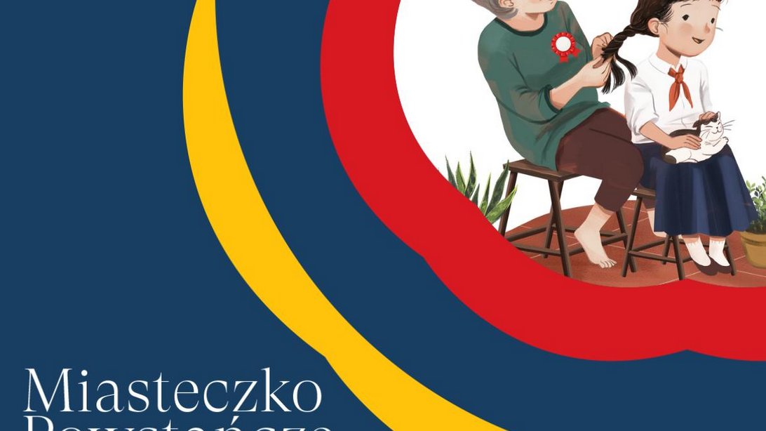 Plakat promujący warsztaty zaplatania warkoczy w Miasteczku Powstańczym, w górnym rogu rysunek starszej pani, która zaplata warkocz małej dziewczyce. Granatowe tło, czerwone, zółte i niebieskie wstęgi.