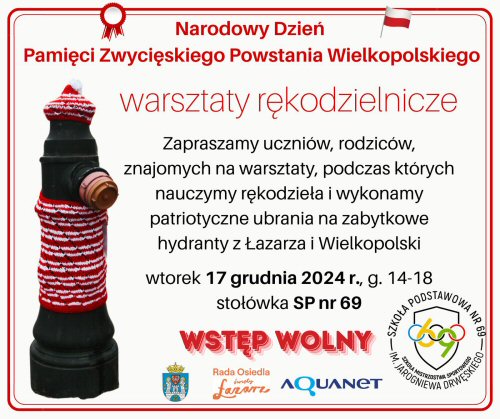 Plakat, który reklamuje warsztaty rękodzielnicze, podczas których wykonane zostaną ubrania na zabytkowe hydranty. Zdjęcie ubranego hydrantu, obok napisy informujące o wydarzeniu. - grafika artykułu