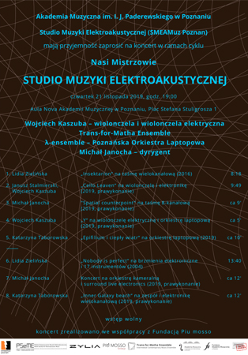 Plakat wydarzenia: niebieskie litery na brązowym tle.