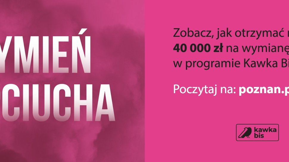 Grafika przedstawia napis wymień kopciucha oraz informacje o programie i jego logo.