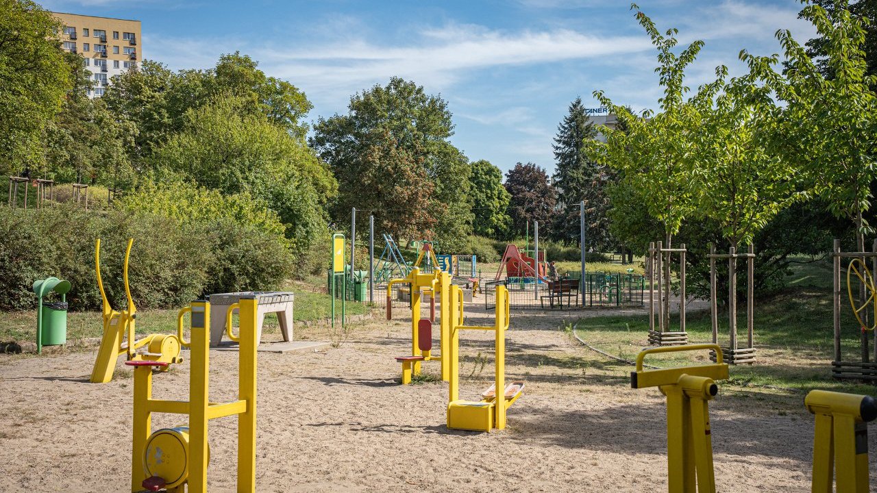 Sprzęty do ćwiczeń ustawione na piaszczystym placyku w parku.