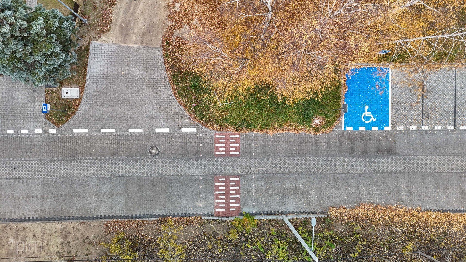 Pionowy widik z góry na ulice. Widać jesienną zieleń i miejsca parkingowe