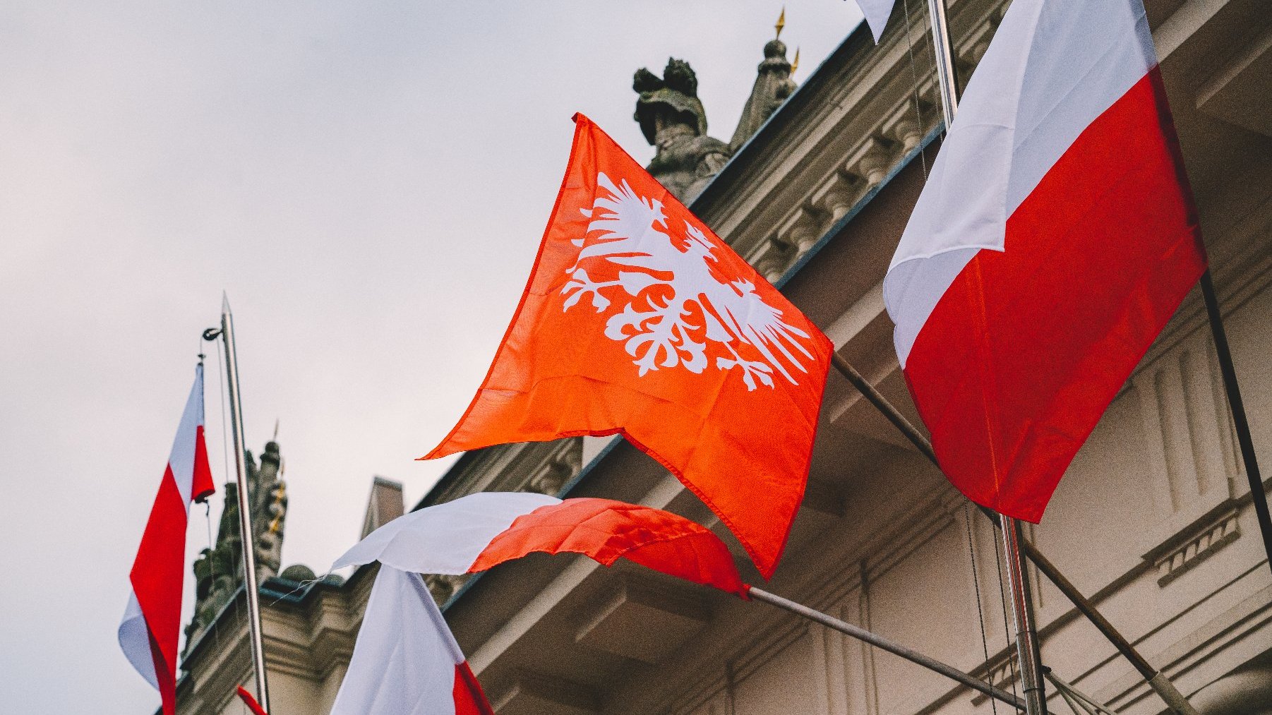 Obraz przedstawia kilka flag, w tym głównie flagę narodową Polski, która składa się z dwóch poziomych pasów: białego na górze i czerwonego na dole. Dodatkowo, widoczna jest czerwona flaga z białym orłem, który jest godłem Polski. Flagi są zamontowane na masztach i umieszczone przed budynkiem, z widocznymi detalami architektonicznymi w tle. Obraz jest interesujący, ponieważ podkreśla narodowe symbole Polski, co może sugerować narodowe wydarzenie lub celebrację