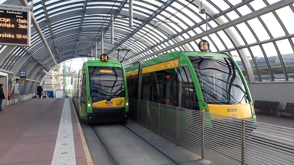 Przystanek tramwajowy pod wiatą, na torach mijaja sie dwa tramwaje jadące w przeciwnym kierunku - grafika artykułu