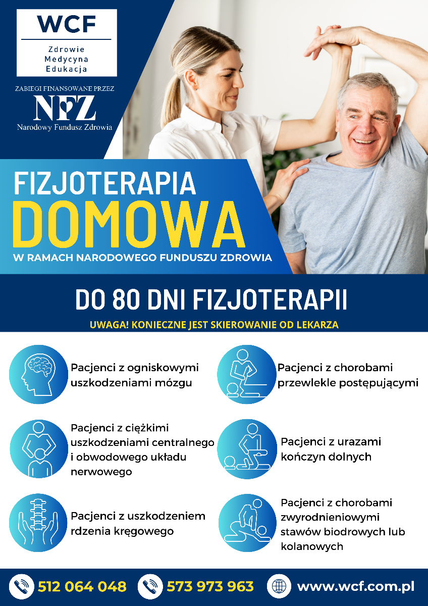 na jasnym tle osoba w starszym wieku ćwicząca pod okiem fizjoterapeuty, u dołu napis: Fizjoterapia domowa - grafika artykułu