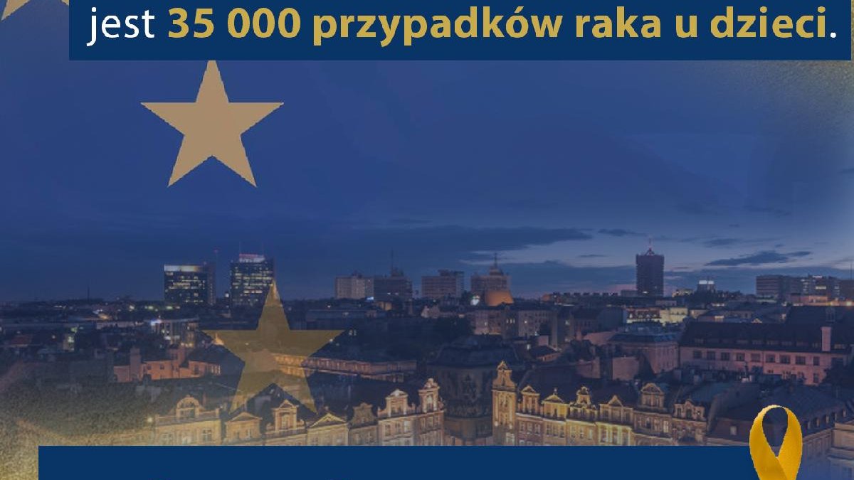 Na ilustracji widać miasto podświetlone na złoto. Pod zdjęciem znajduje się napis Gold September i złota wstążka. Nad zdjęciem znajduje się informacja o liczbie dzieci chorujących na raka.