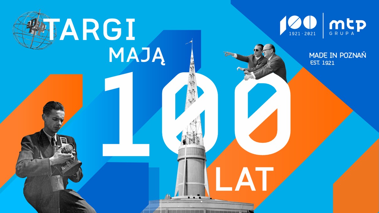 Plakat. Po środku napis: Targi mają 100 lat i zdjęcie iglicy - grafika artykułu