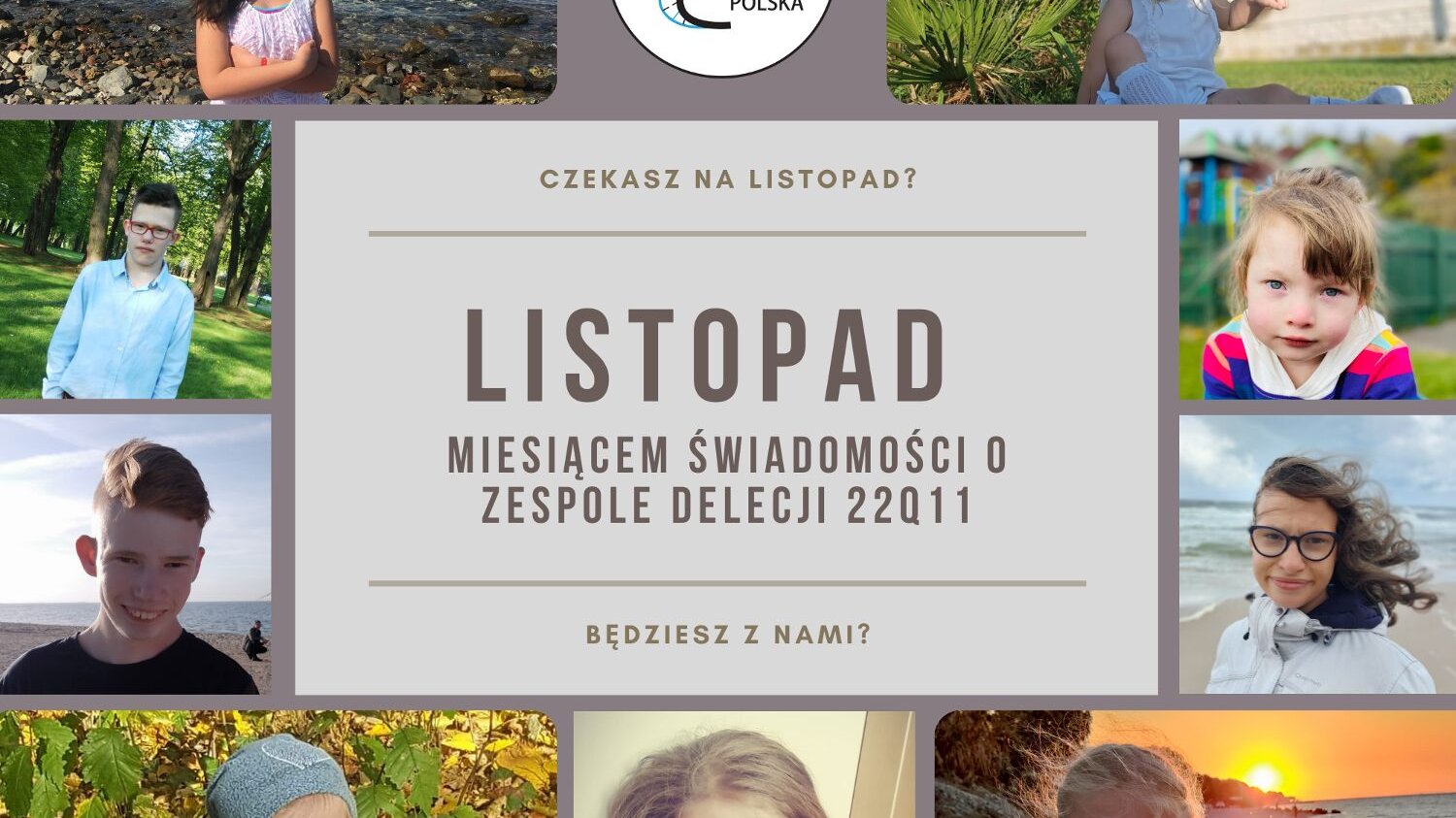 Grafika: w centrum prostokąt, w nim informacje o akcji, wokół kolaż z twarzy dzieci i młodych ludzi