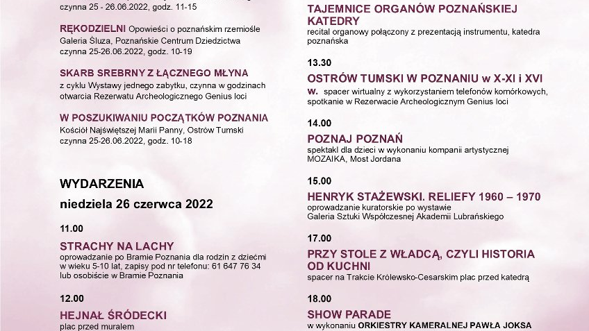 Plakat z najważnieszymi informacjami dotyczącymi obchodów imienin patronów Poznania.