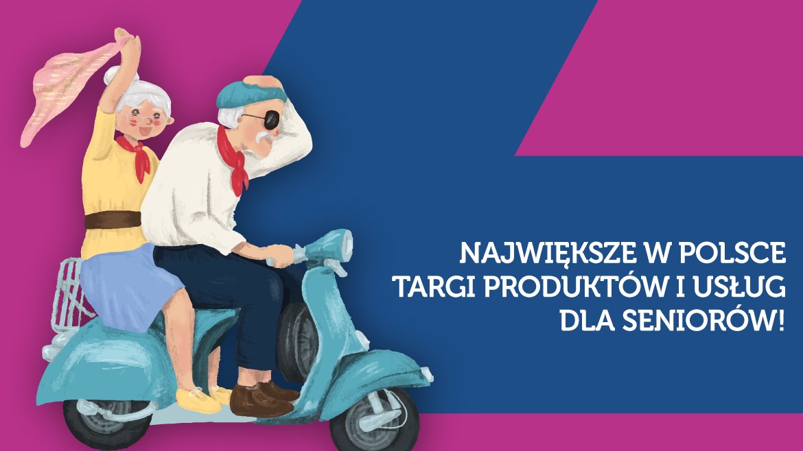 Grafika: rysunek seniora i seniorki na skuterze, obok najważniejsze informacje o wydarzeniu