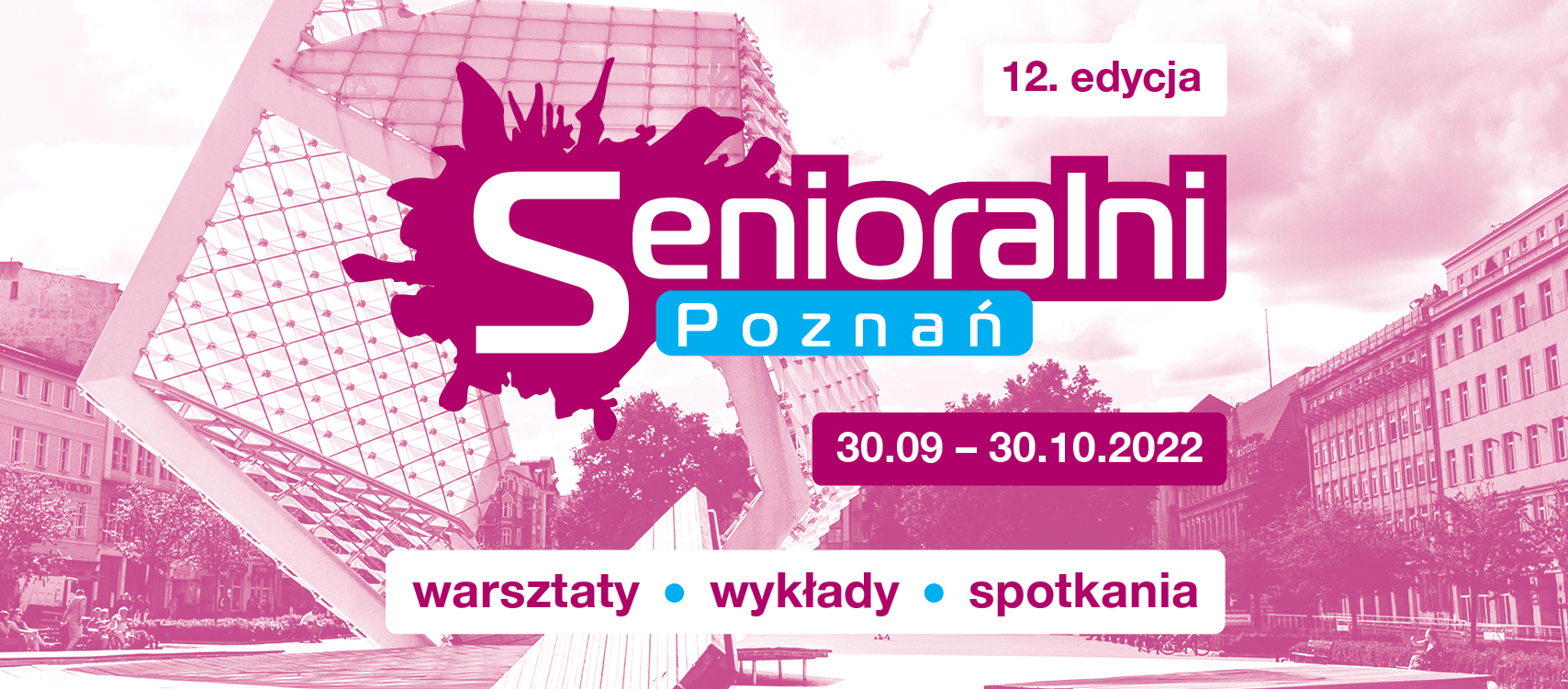 Grafika: na różowym tle zdjęcie fontanny na placu Wolności, na nim napis: Senioralni Poznań - grafika artykułu