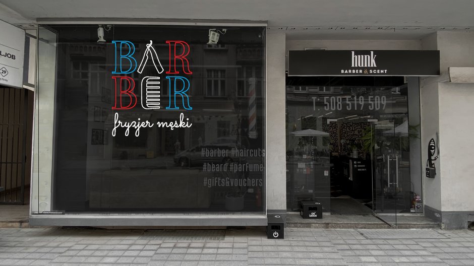 Na zdjęciu wizualizacja neonu - witryna, w niej neon o treści: barber - fryzjer męski