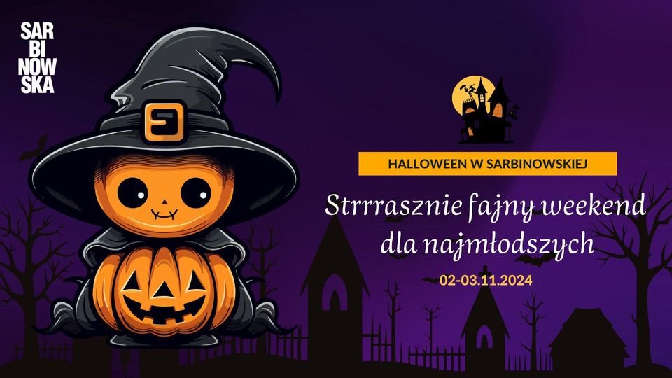 Plakat z halloweenową grafiką i informacjami o zabawie dla dzieci