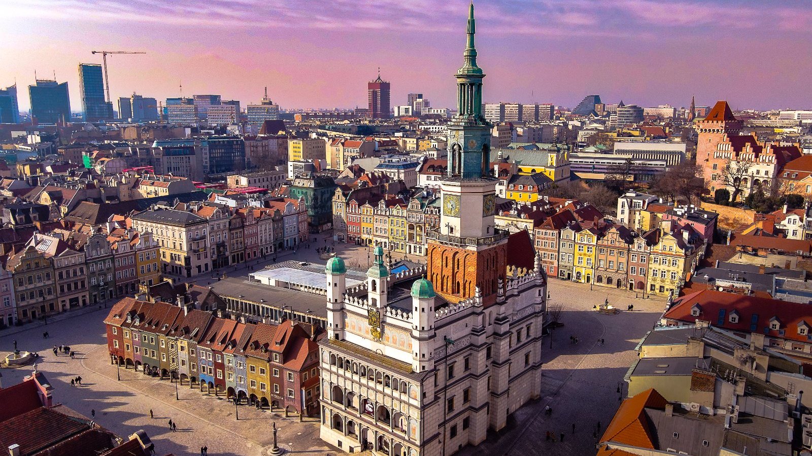 View of Poznań. In the centre, the Old Market Square and Town Hall, with Poznan's Manhattan, the Bałtyk and Collegium Altum in the distance.