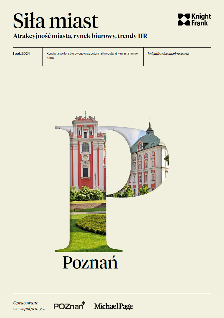 Okładka raportu Knight Frank "Siła Miast". Kremowe tło. Na środku literka P wypełniona zdjęciem Urzędu Miasta Poznania.