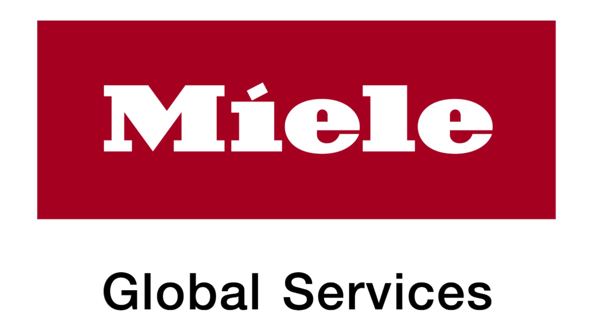 Napis Miele na bordowym tle, na dole czarny napis Global Services