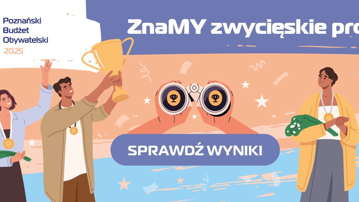 Plakat z informacją o wynikach PBO. Znajdują się na nim rysunki ludzi z medalami i pucharami.