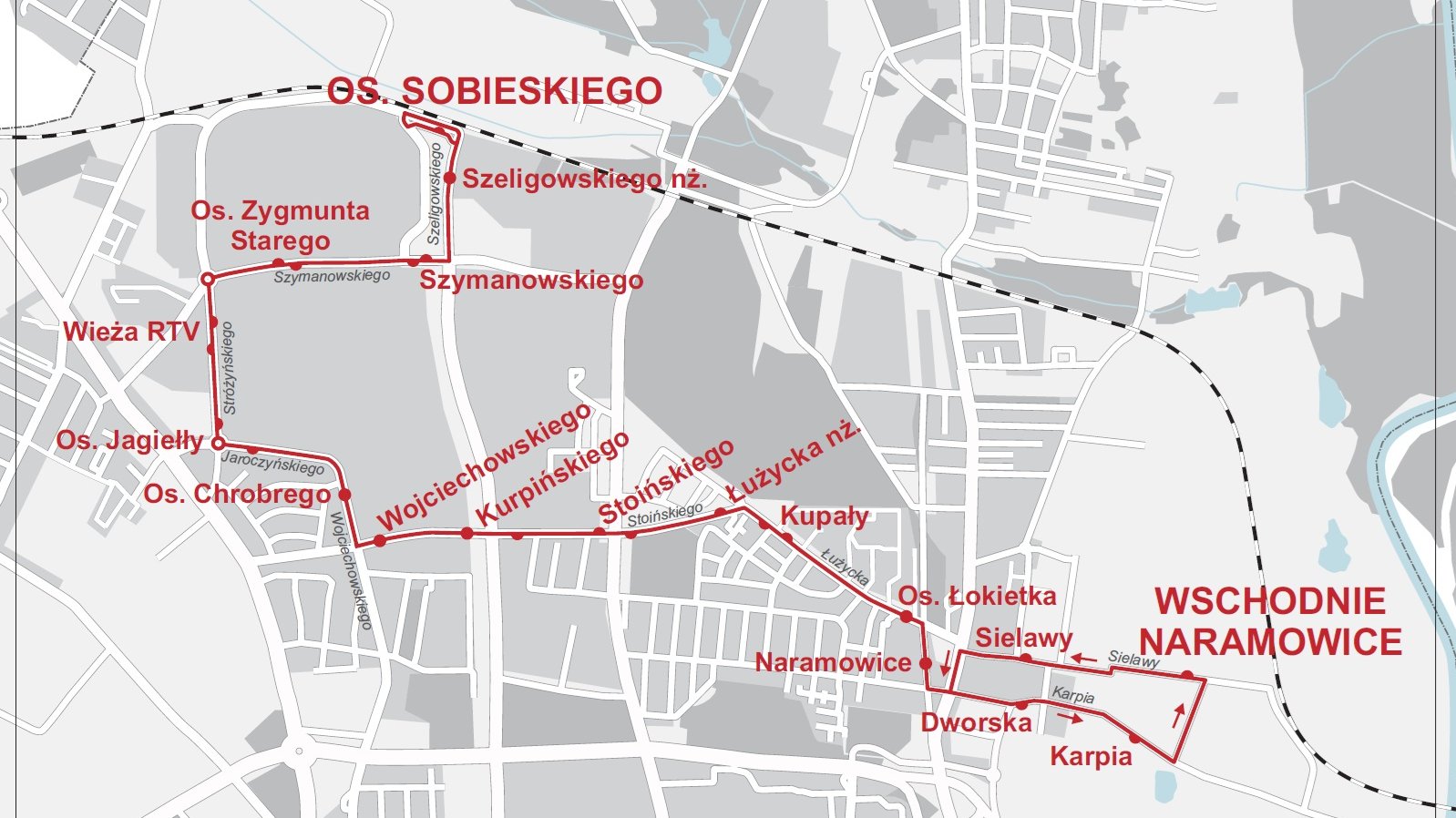 Mapa części Poznania z naniesioną czerwoną kreską trasą linii 151