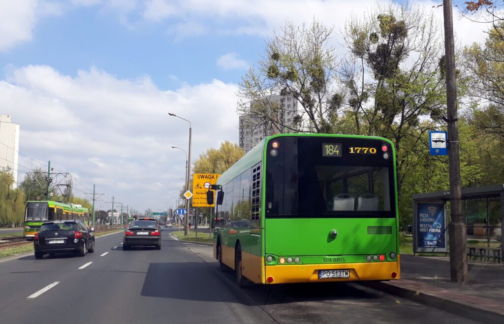 Autobus linii 184 w zatoczce przy ulicy, po której jeżdżą samochody - grafika artykułu