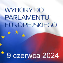 Flaga UE i flaga Polski "Wybory do Parlamentu Europejskiego 9 czerwca 2024".