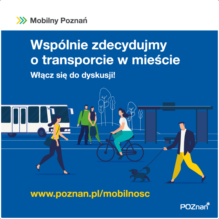 Na niebieskim tle, trmawaj, rowerzysta, pieszy i przystane autobusowy