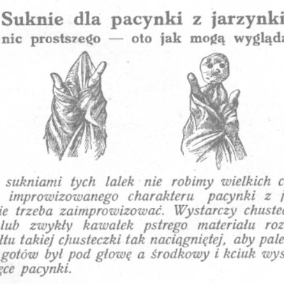 Porada na temat tego jak samodzielnie zrobić kukiełkę teatralną w domu. Tekst ilustruje poglądowy rysunek ręki owiniętej w chusteczkę, z nasadzoną głową pacynki, chyba wykonaną z brukselki.