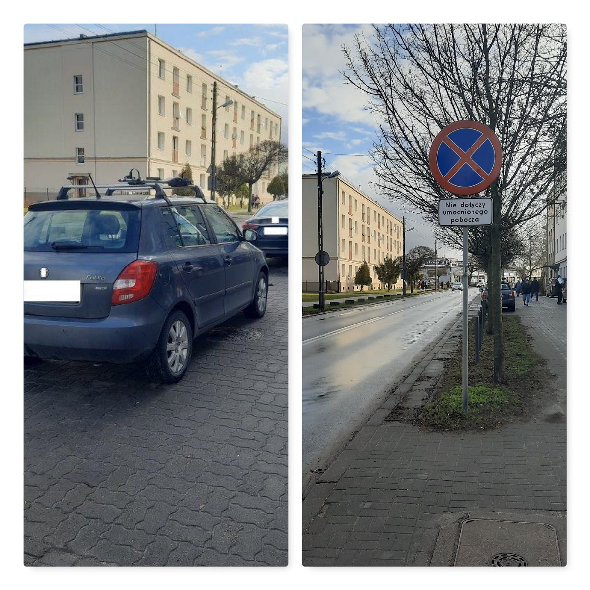 Zdjęcia z ul. Palacza pokazujące organizację ruchu oraz zaparkowane samochody w miejscu zakwestionowanym przez internautę Ma Rek