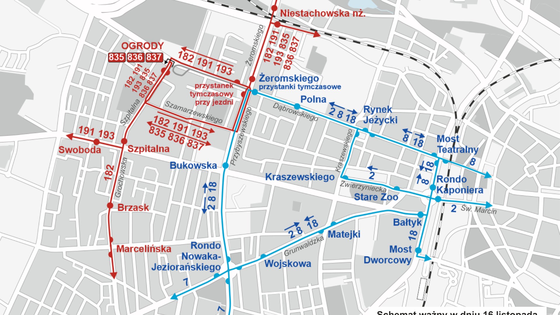 Schamat z zaznaczonymi na niebiesko liniami tramwajów a nie na czerwono autobusów