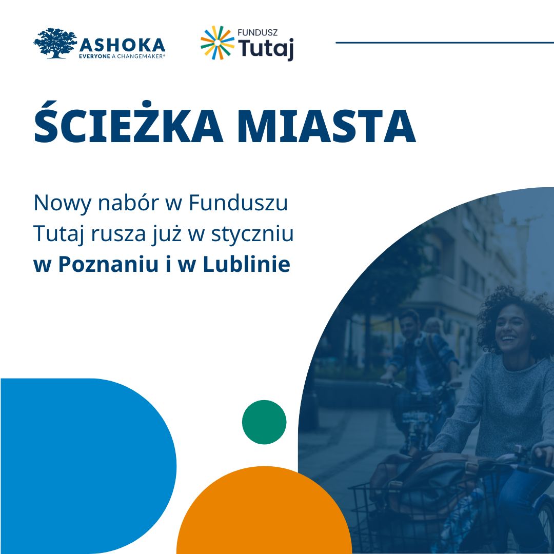 Spotkanie informacyjne Funduszu Tutaj w Poznaniu już w styczniu! grafika informacyjna, na obrazku kobieta na rowerze, tytuł "Ścieżka Miasta"