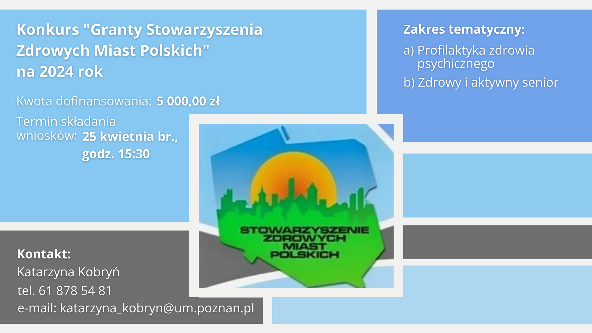 Stowarzyszenie Zdrowych Miast Polskich ogłosiło konkurs "Granty Stowarzyszenia Zdrowych Miast Polskich" na 2024 rok. - grafika artykułu