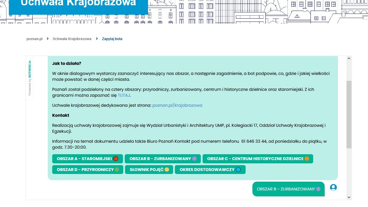 Zrzut ekranu ze strony poznan.pl. Na zdjęciu widać okno dialogowe oraz hasła związane z elektroniczną usługą bota, dedykowaną uchwale krajobrazowej.