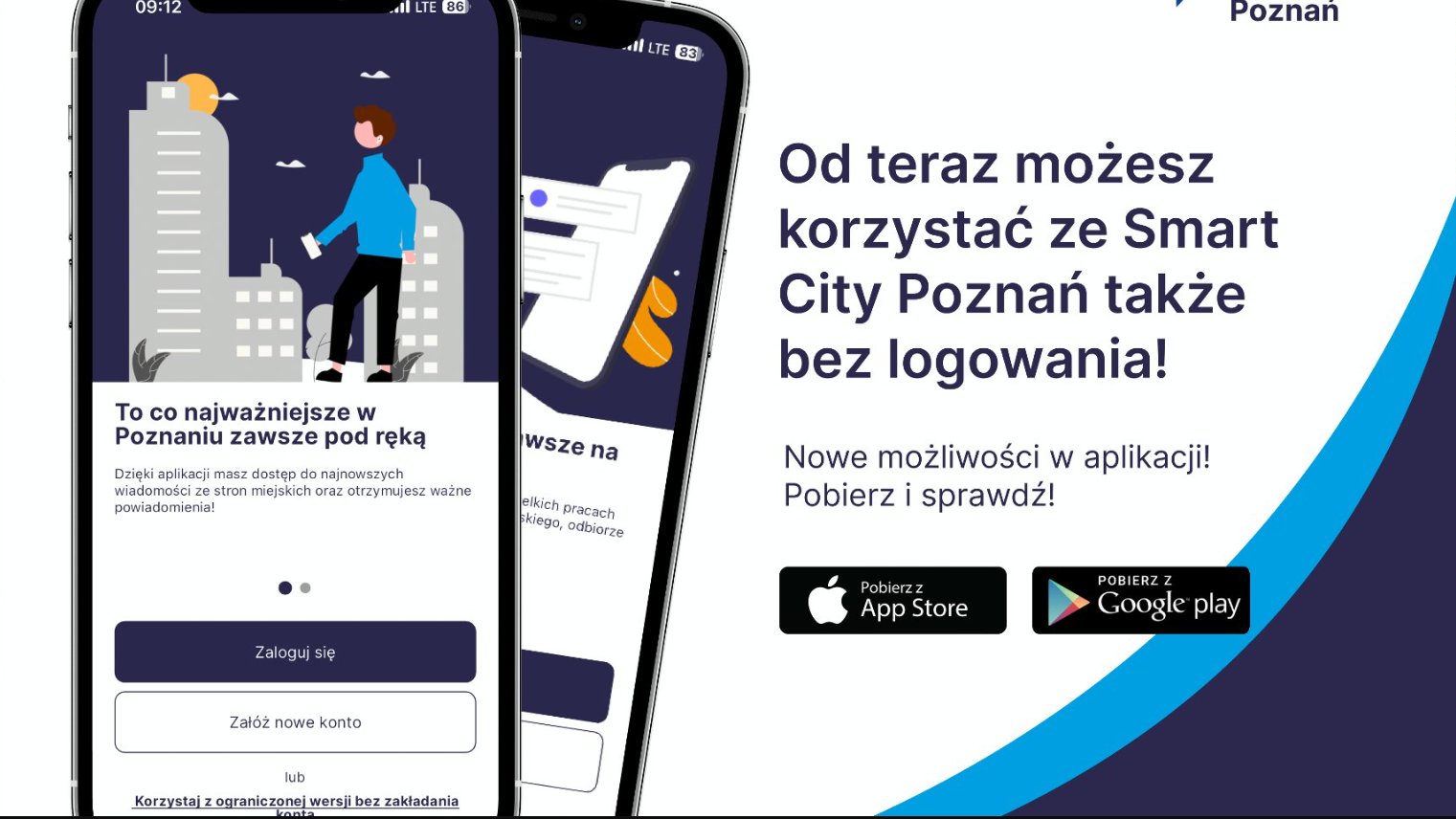 Grafika: rysunek telefonu z aplikacją, obok informacje o jej nowych funkcjach