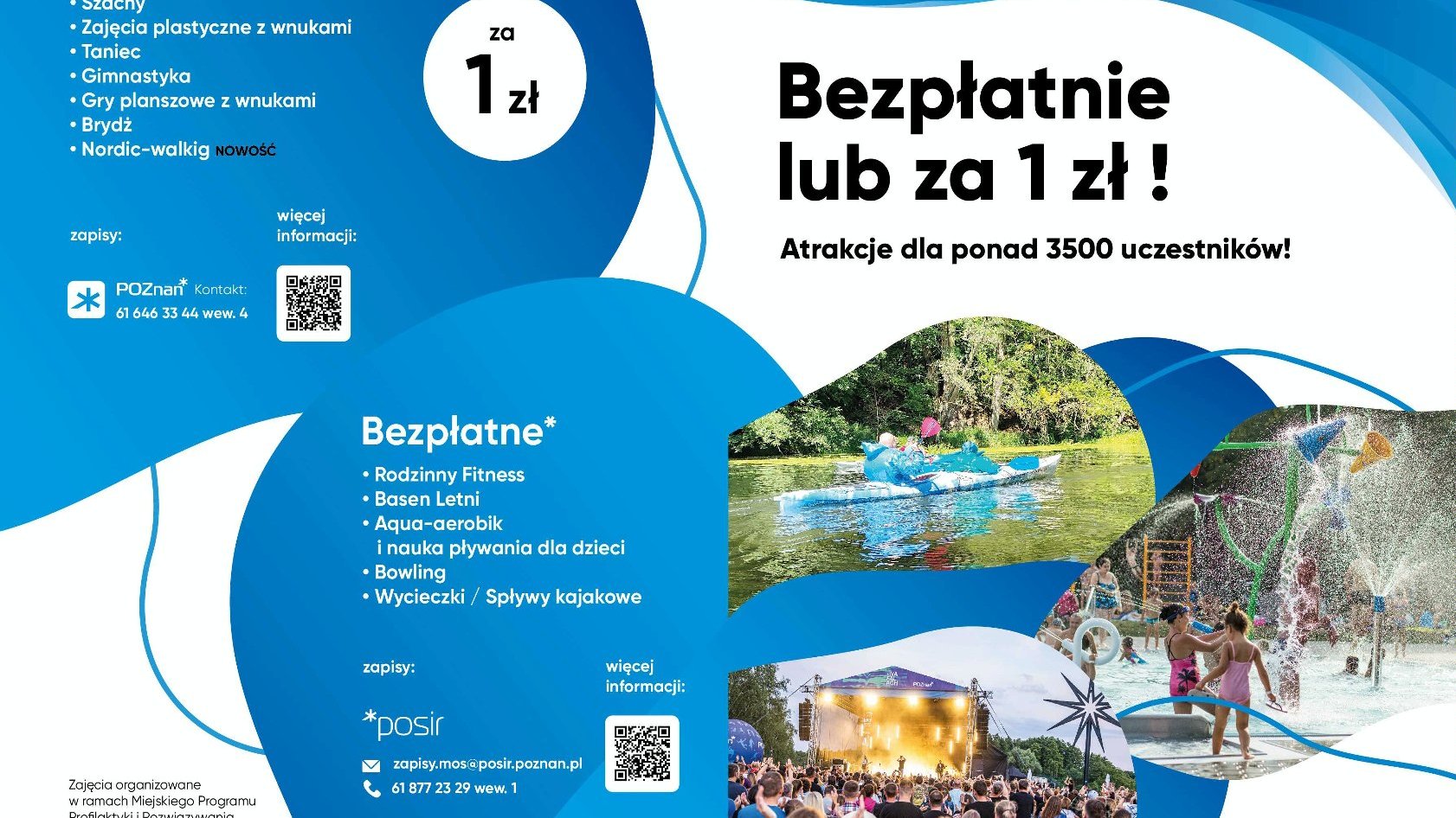 Grafika przedstawia informacje o akcji i zdjęcia z jej poprzedniej edycji - pokazujace dzieci na basenie, ludzi na kajakach czy ludzi pod sceną koncertową.