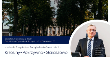 Zdjęcie przedstawia grafikę ze zdjęciem Jacka Jaśkowiaka, prezydetna Poznania i najważniejszymi informacjami dotyczącymi spotkania z mieszkańcami osiedla Krzesiny-Pokrzywno-Garaszewo.