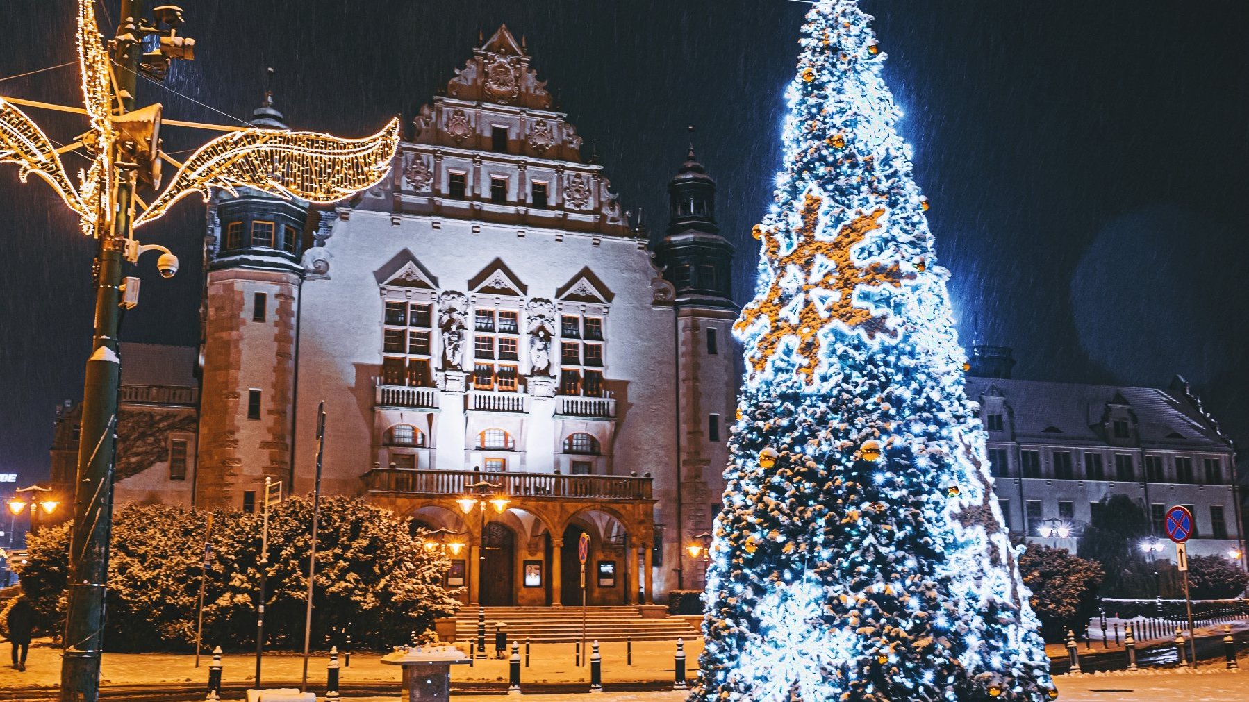 Zdjęcie przedstawia rozświetloną choinkę. W tle widać budynek.