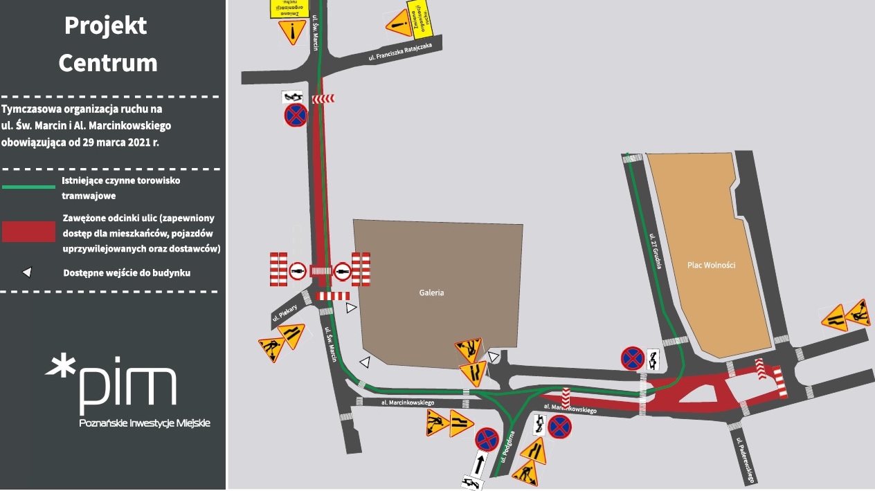 Schemat organizacji ruchu na ul. Św. Marcin i Al. Marcinkowskiego od 29 marca - grafika artykułu