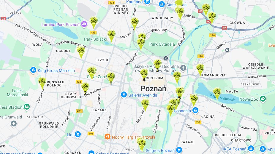 Mapa Poznania z zaznaczonymi licznikami rowerowymi