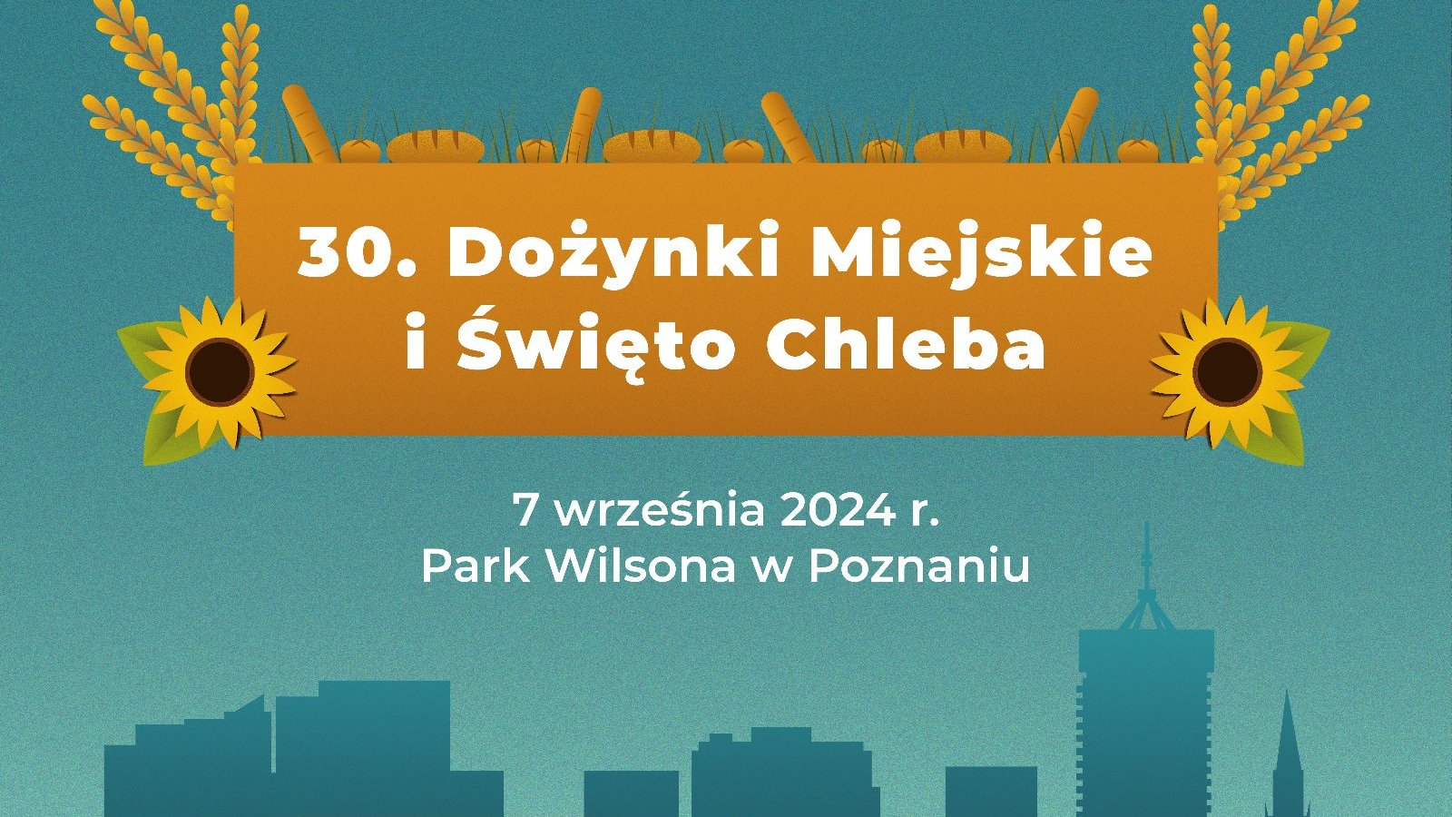 Grafika przedstawia datę i miejsce dożynek oraz rysunki zboża, chleba i słoneczników.