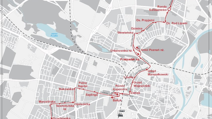 Mapa części Poznania z naniesioną czerwoną kreską trasą linii 169