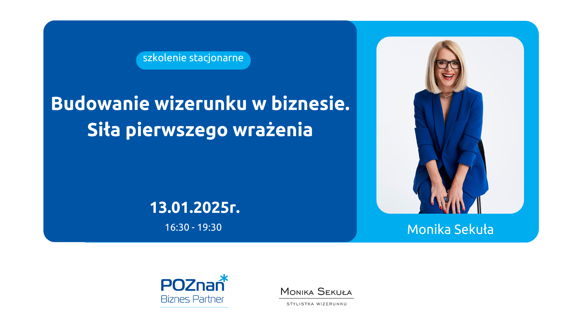 Grafika promująca wydarzenie. Informacje o szkoleniu na niebieskiem tle. Zdjęcie kobiety. - grafika artykułu