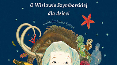 Narysowana Wisława Szymborska ma rumieńce i rozmarzone spojrzenie. Za nią różne fantazyjne postaci i stworzenia - mamut, orangutan, kolorowe kwiaty, staroświecki pan w długim płaszczu i tym podobne.