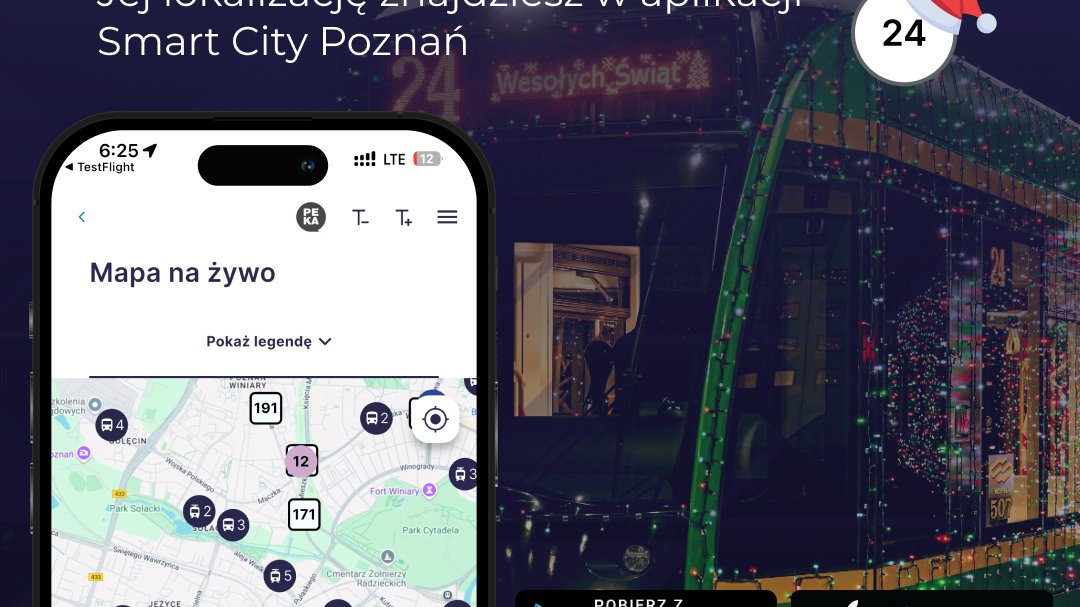 Obrazek pokazuje w tle zdjęcie świątecznego tramwaju, a na przodzie ukazuje zrzut z aplikacji z pokazaną linią świąteczną