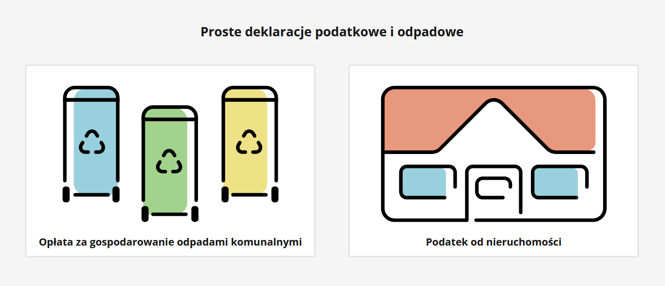 Fragment strony internetowej platformy Proste deklaracje podatkowe i odpadowe. Kolorowe ikony koszy na śmieci oraz domu kierują czytelnika do odpowiedniego podatku. - grafika artykułu