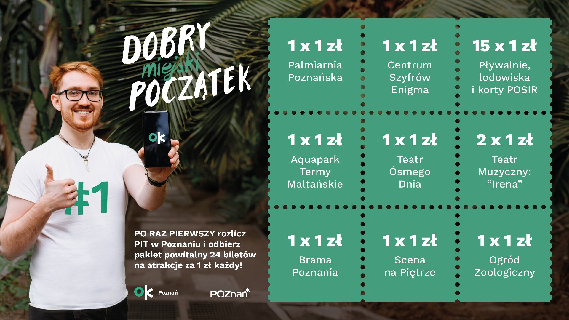 Grafika: uśmiechnięty mężczyzna trzymający w dłoni smartfon, obok lista zniżek