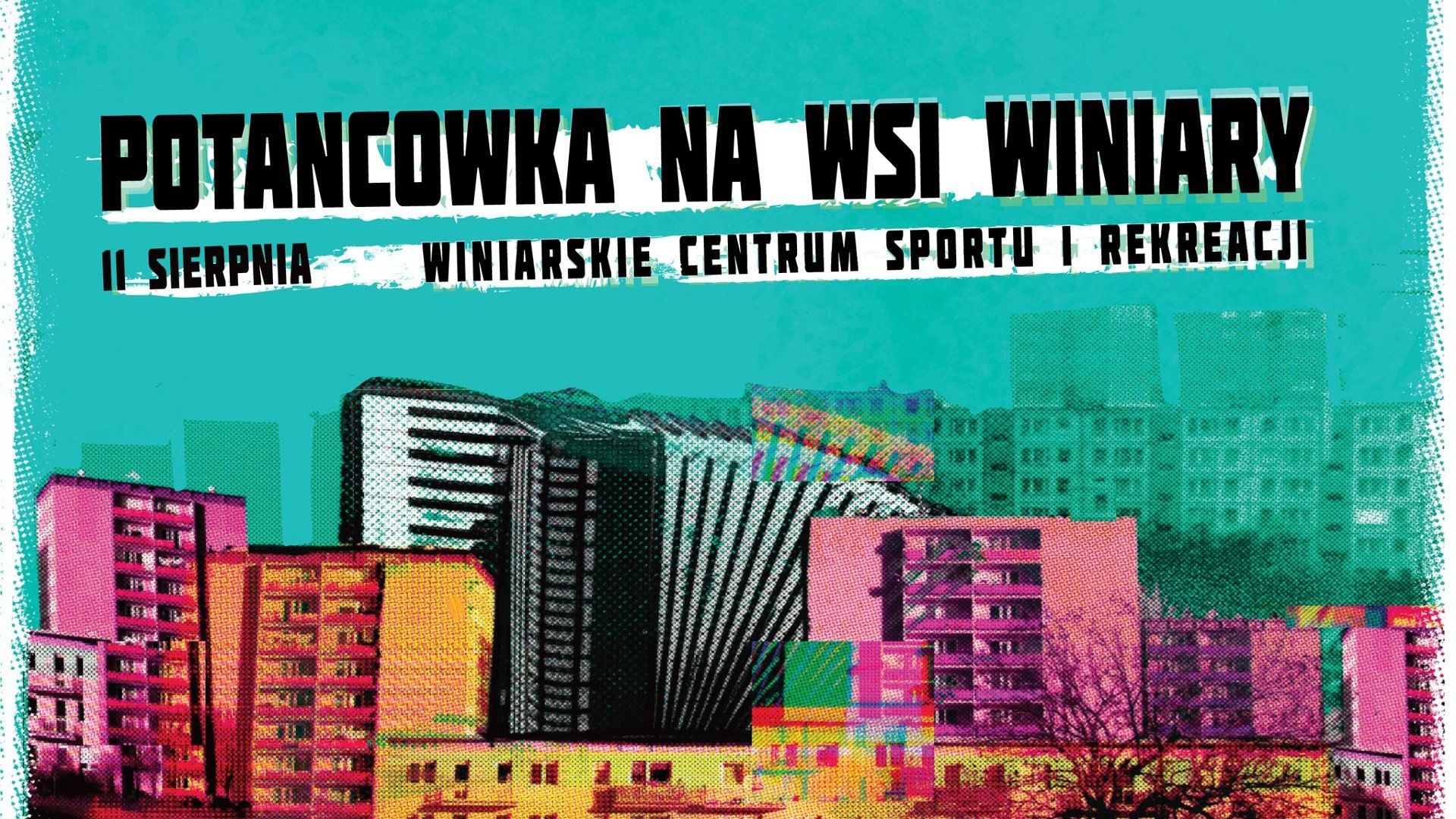 Plakat z informacją o wydarzeniu.Znajduje się na nim też rysunek kolorowych bloków.