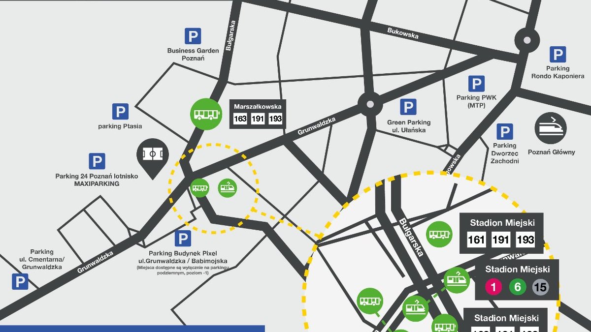 Mapka z naniesionymi parkingami i przystankami